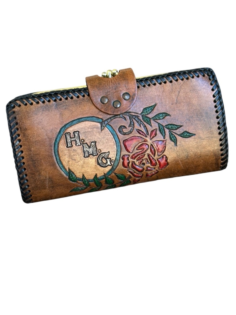 Vintage Tooled Leather Wallet with Floral and Butterfly Details